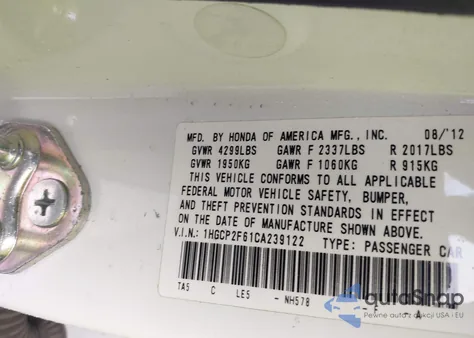 2012 Honda Accord 2.4 Se z USA, uszkodzony, nr VIN 1HGCP2F61CA239122